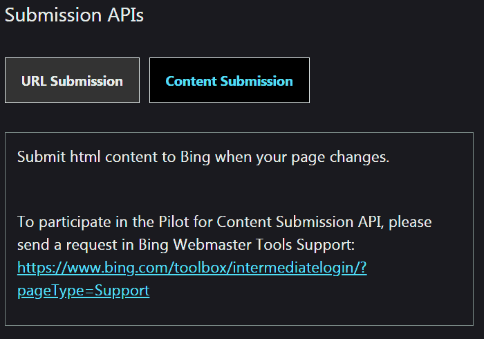 Screenshot of announcement of pilot program to sign up for direct content submission to Bing