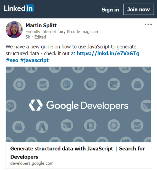 martin splitt linkedin structured data with javascript announcement