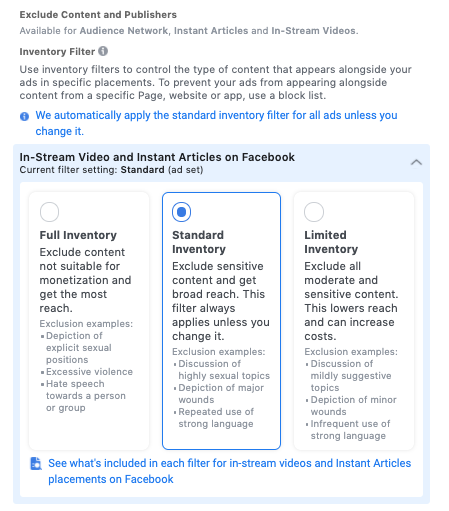 Facebook Ads Audience Network Inventory Filters