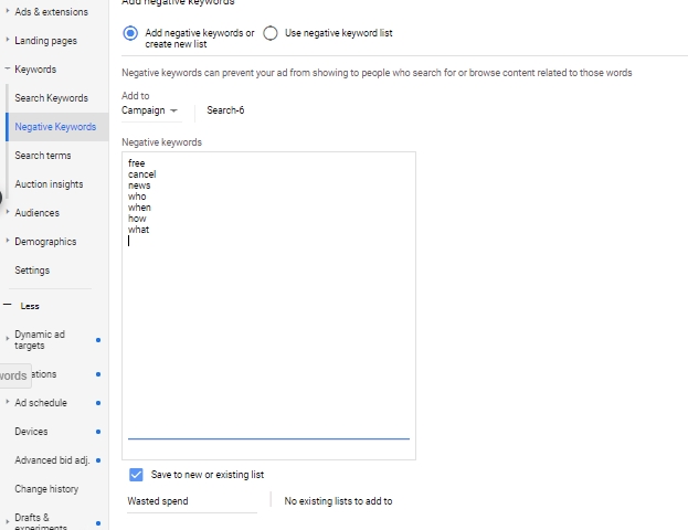 adicionando palavras-chave negativas a uma lista nos anúncios do google