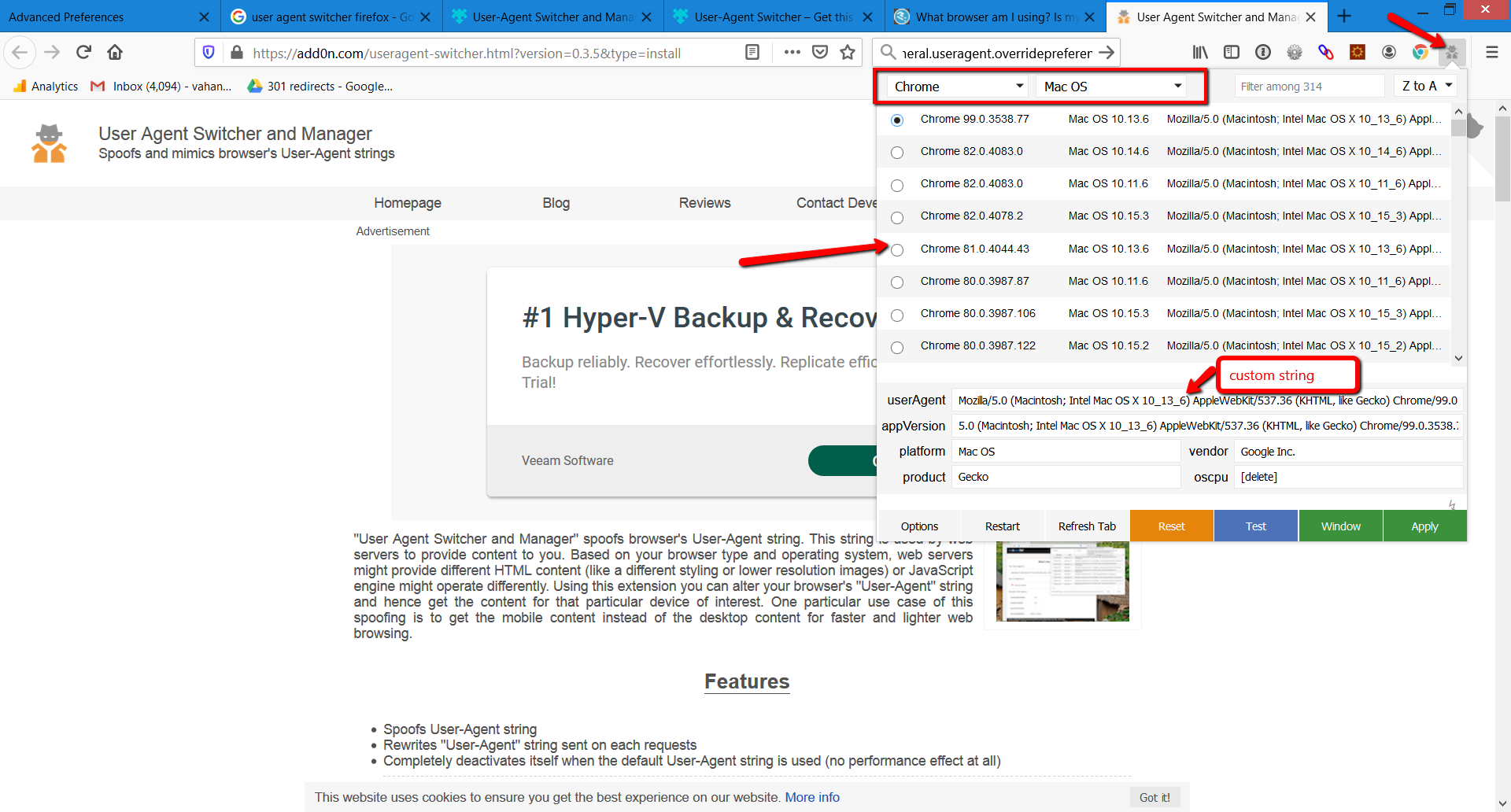 Firefox User-Agent Switcher and Manager extension