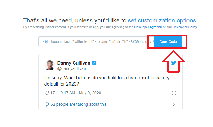 copy code to embed a tweet