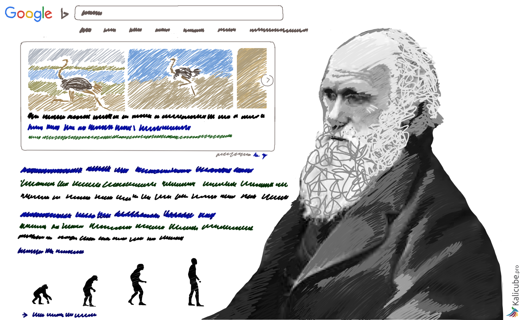 Illustration of Darwin and a Search Engine Results Page