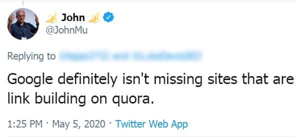 Screenshot of a tweet by Google's John Mueller about Quora Link Building