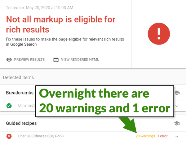 Screenshot of guided recipes structured data error