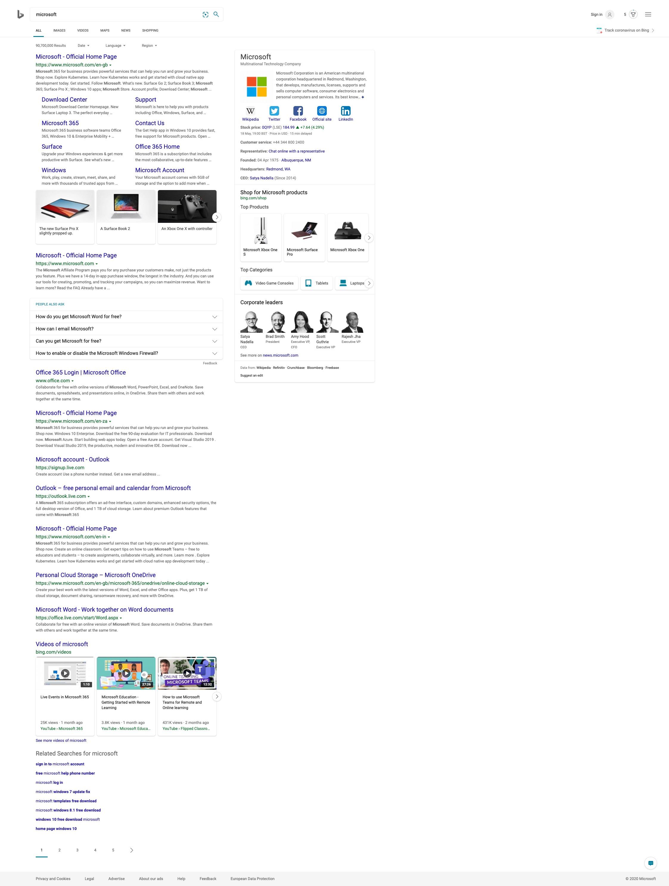 Bing SERP for a search on the word on Microsoft