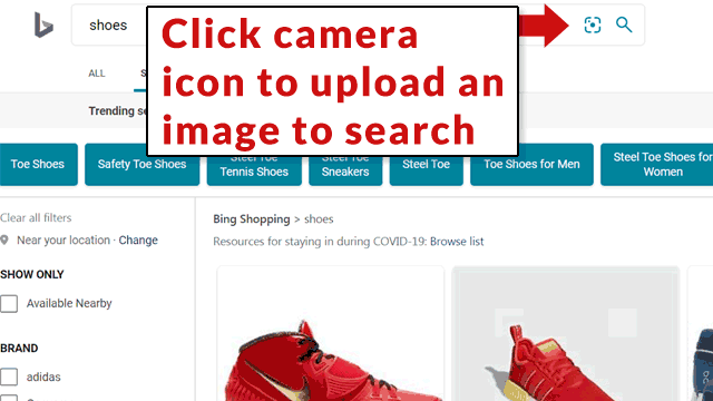 Screenshot of how to upload an image to search in Bing visual image search