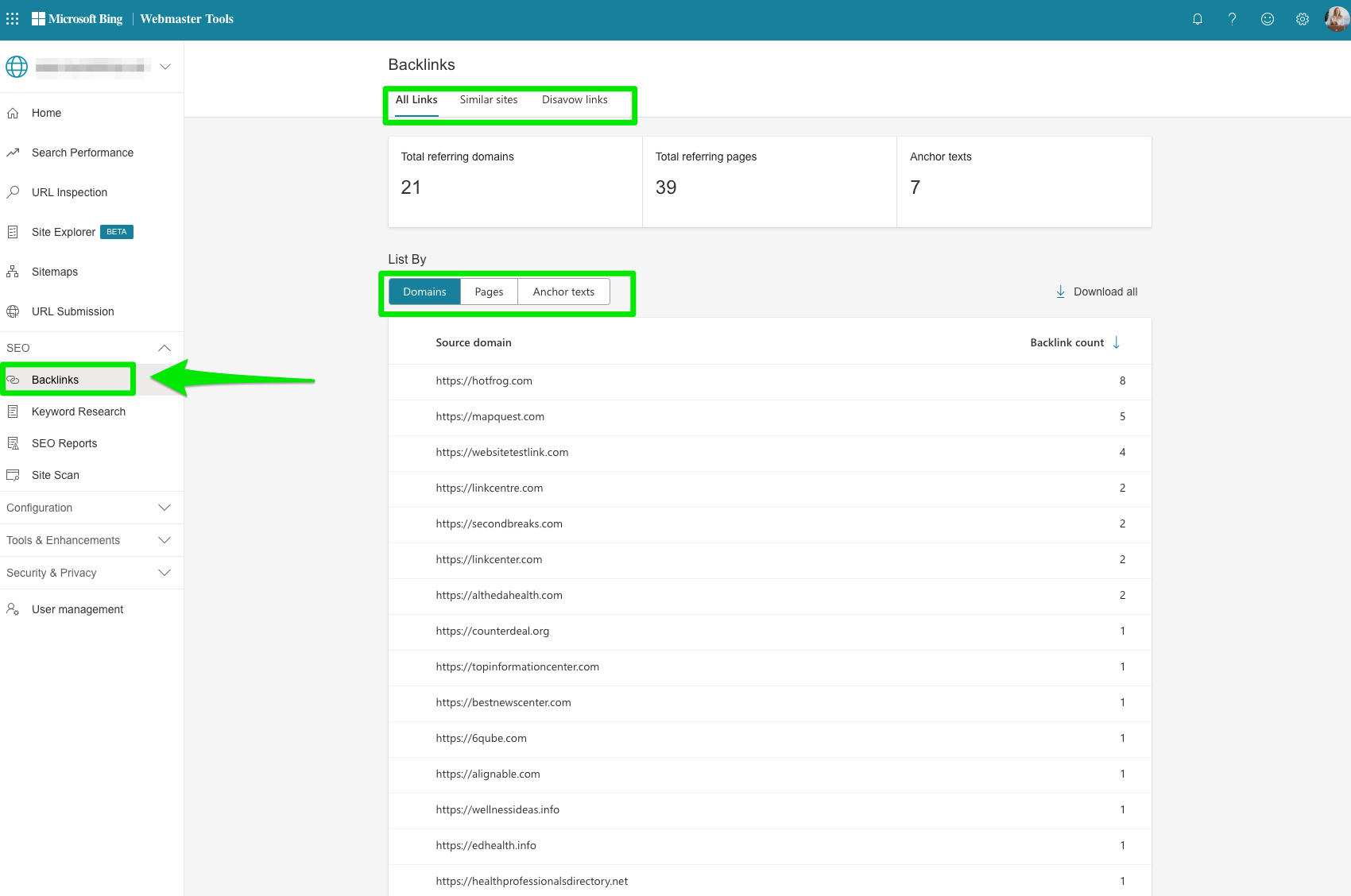 bing webmaster tools backlinks
