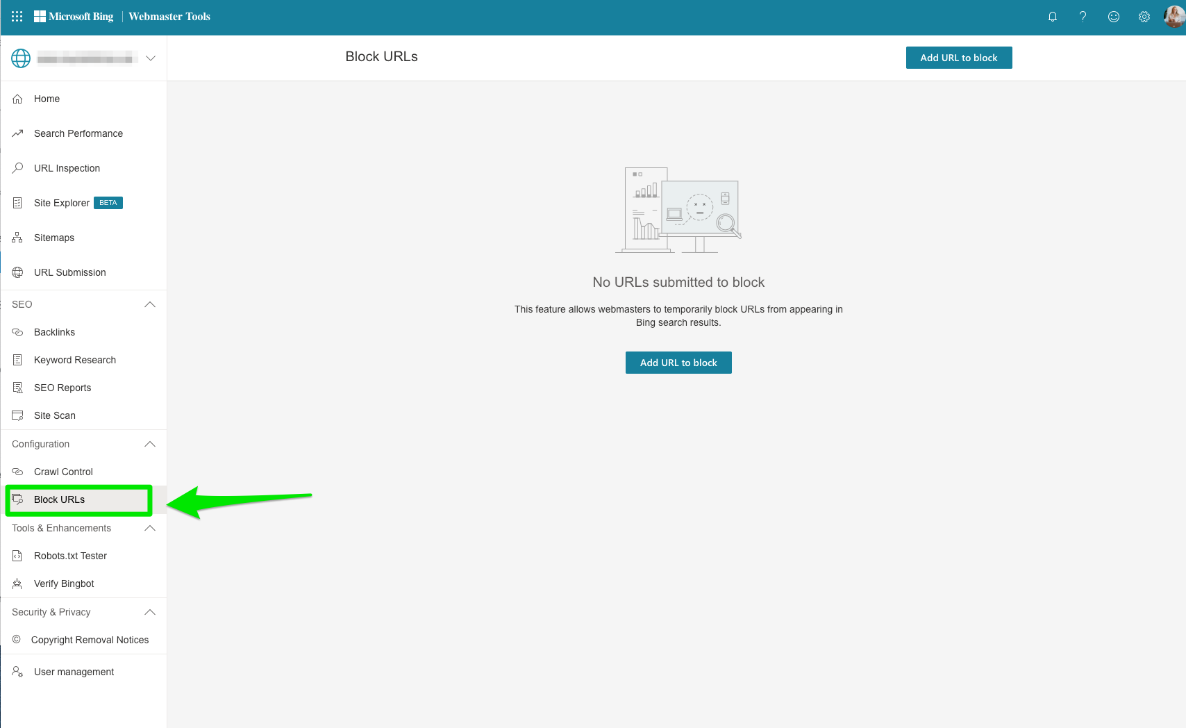 bing webmaster tools block urls