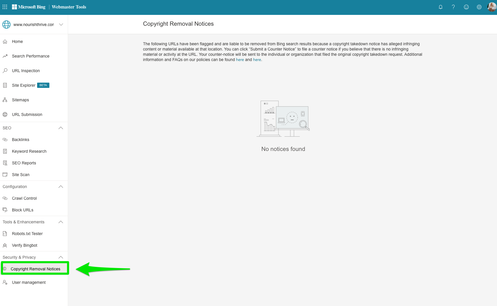 bing webmaster tools copyright removal notices