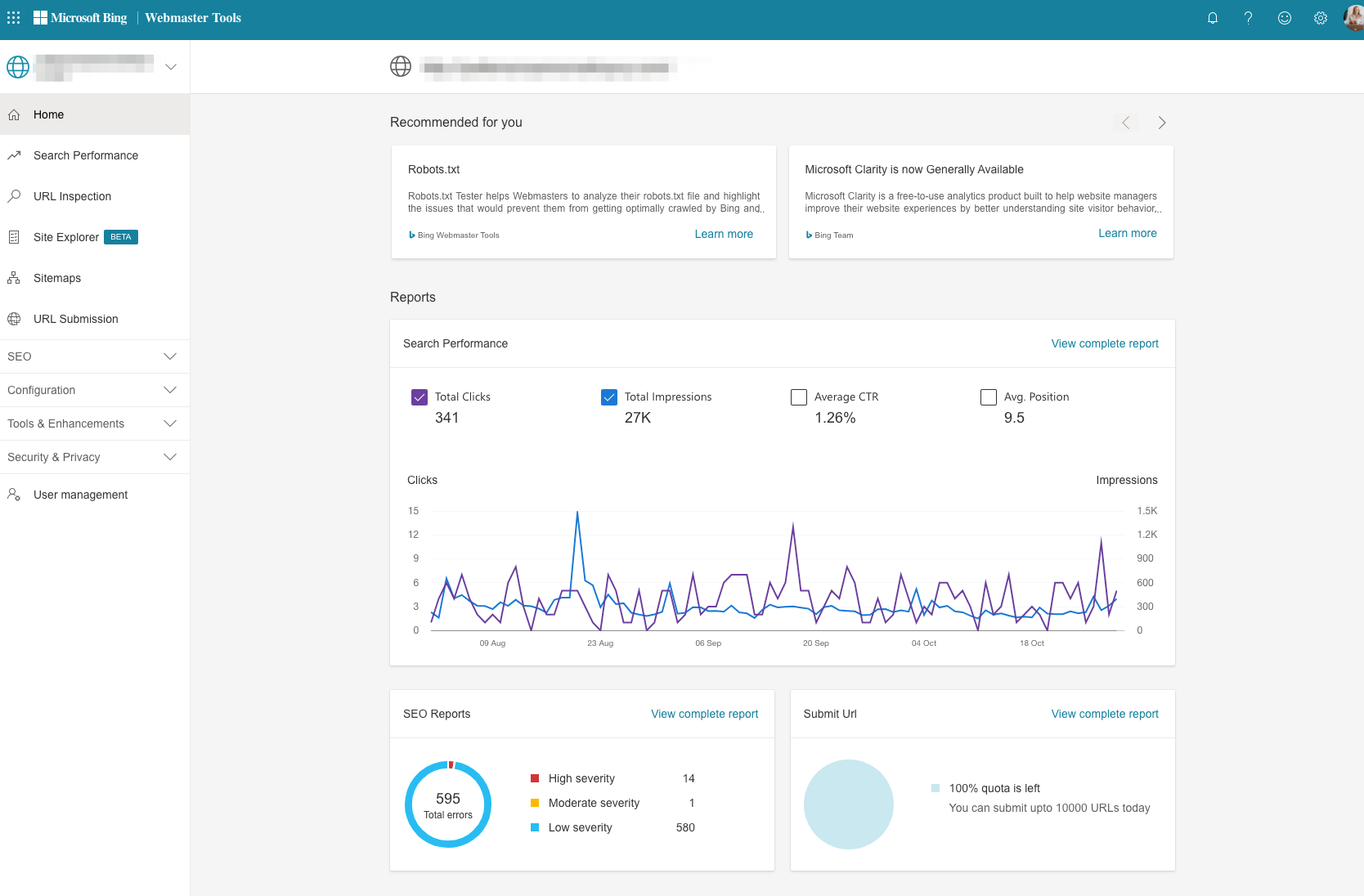 bing webmaster tools home