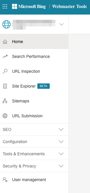 bing webmaster tools left navigation