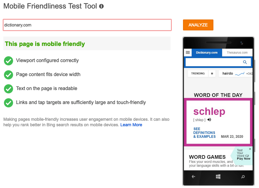 bing webmaster tools mobile friendliness