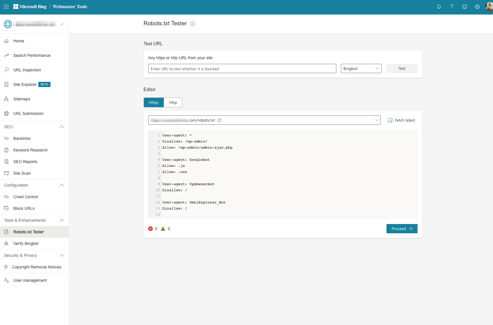 bing webmaster tools robots.txt tester