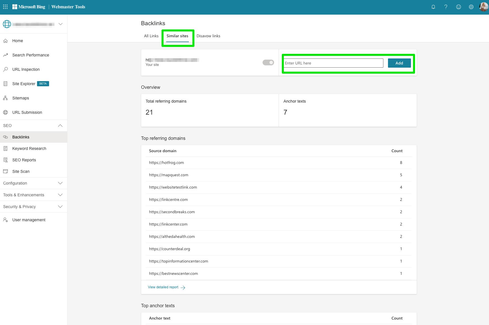 bing webmaster tools similar sites