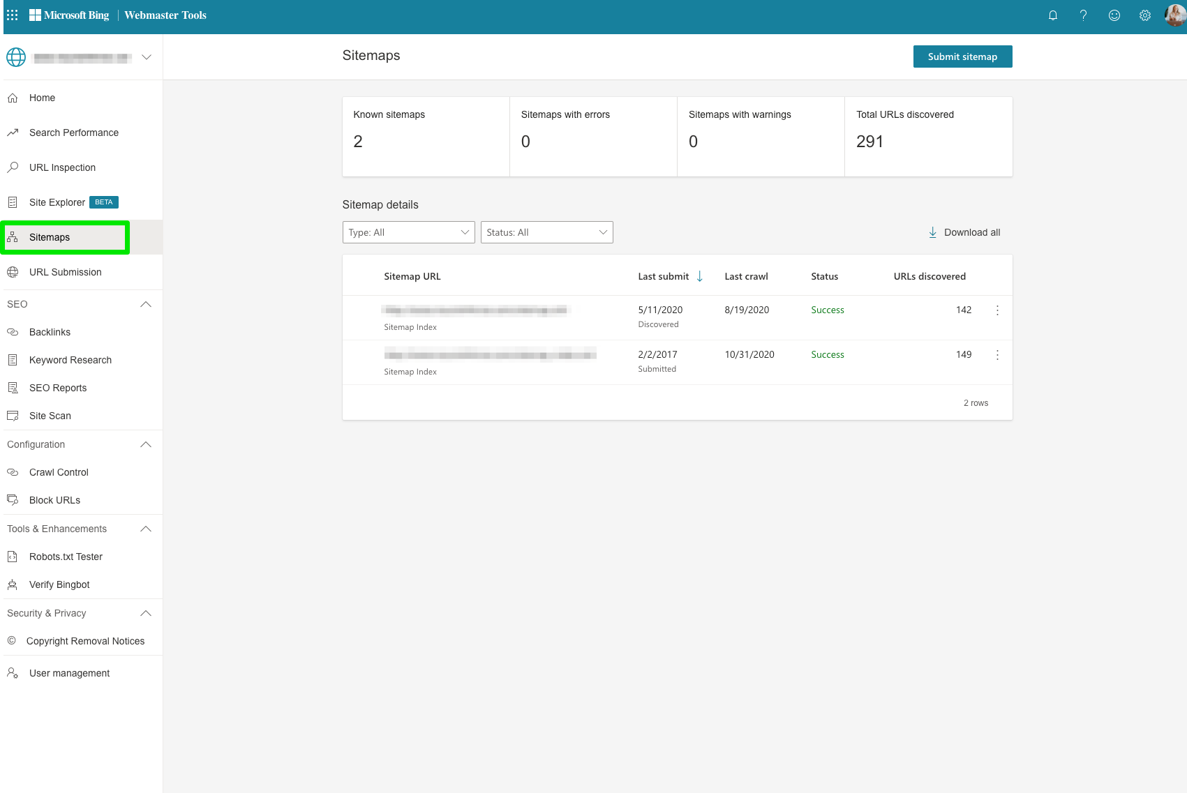 bing webmaster tools sitemaps