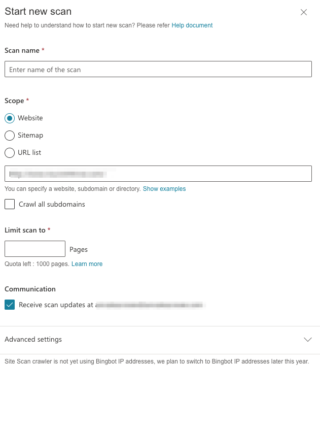 bing webmaster tools start scan