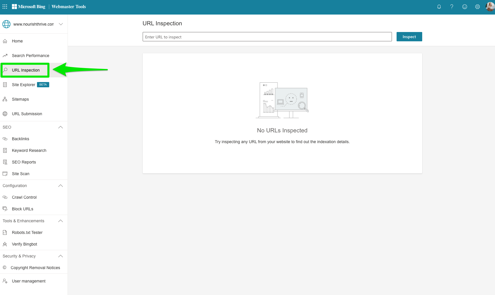 bing webmaster tools url inspection