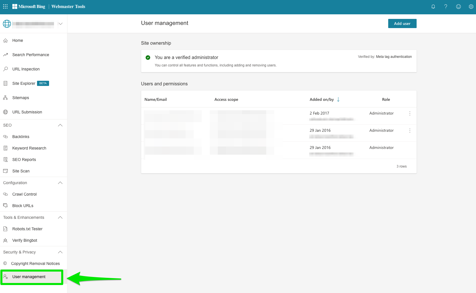 bing webmaster tools user management