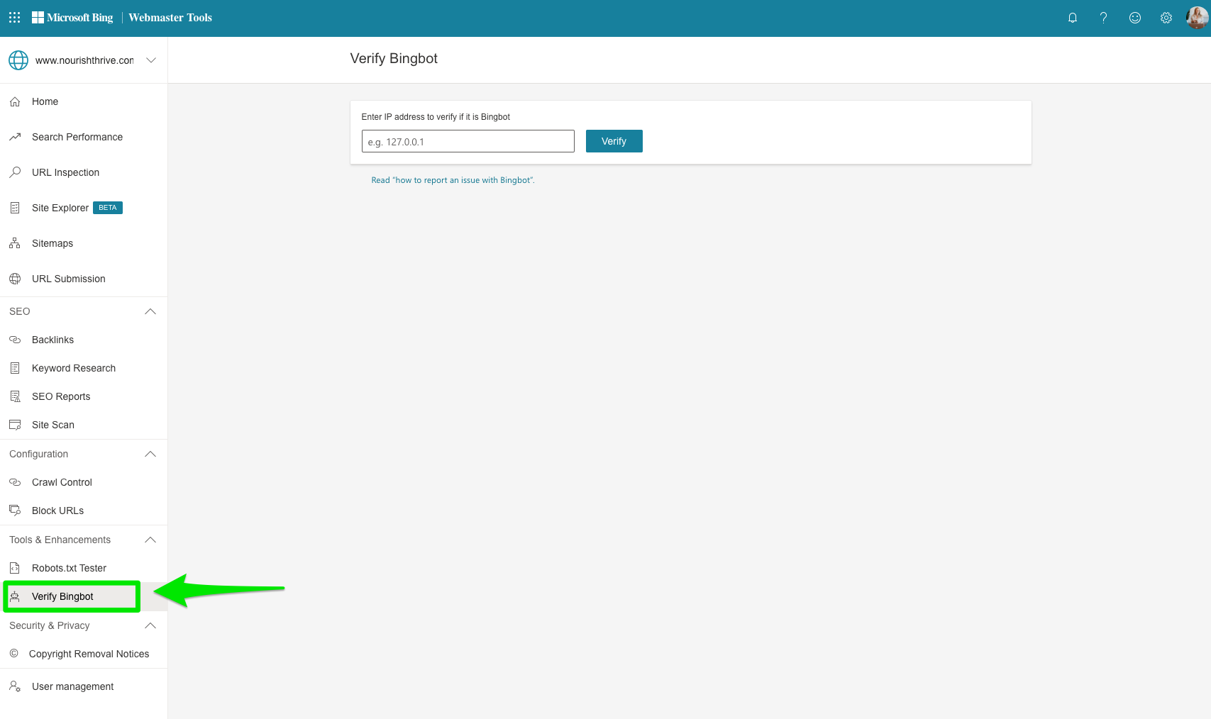 bing webmaster tools verify bingbot