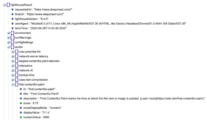 First Contentful Paint is found under lighthouseResult