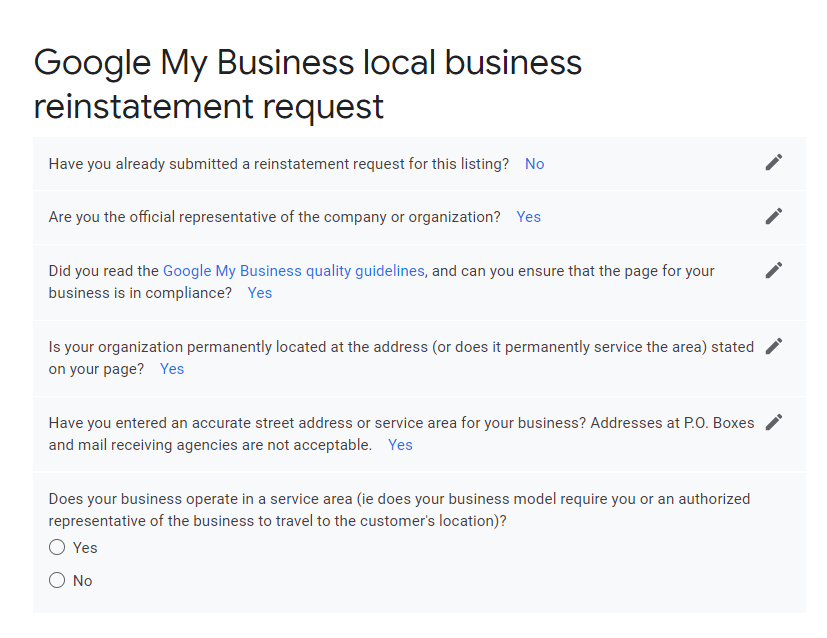 Google My Business reinstatement form