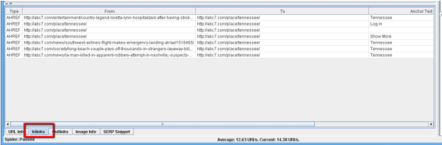 ScreamingFrog - Inlinks tab