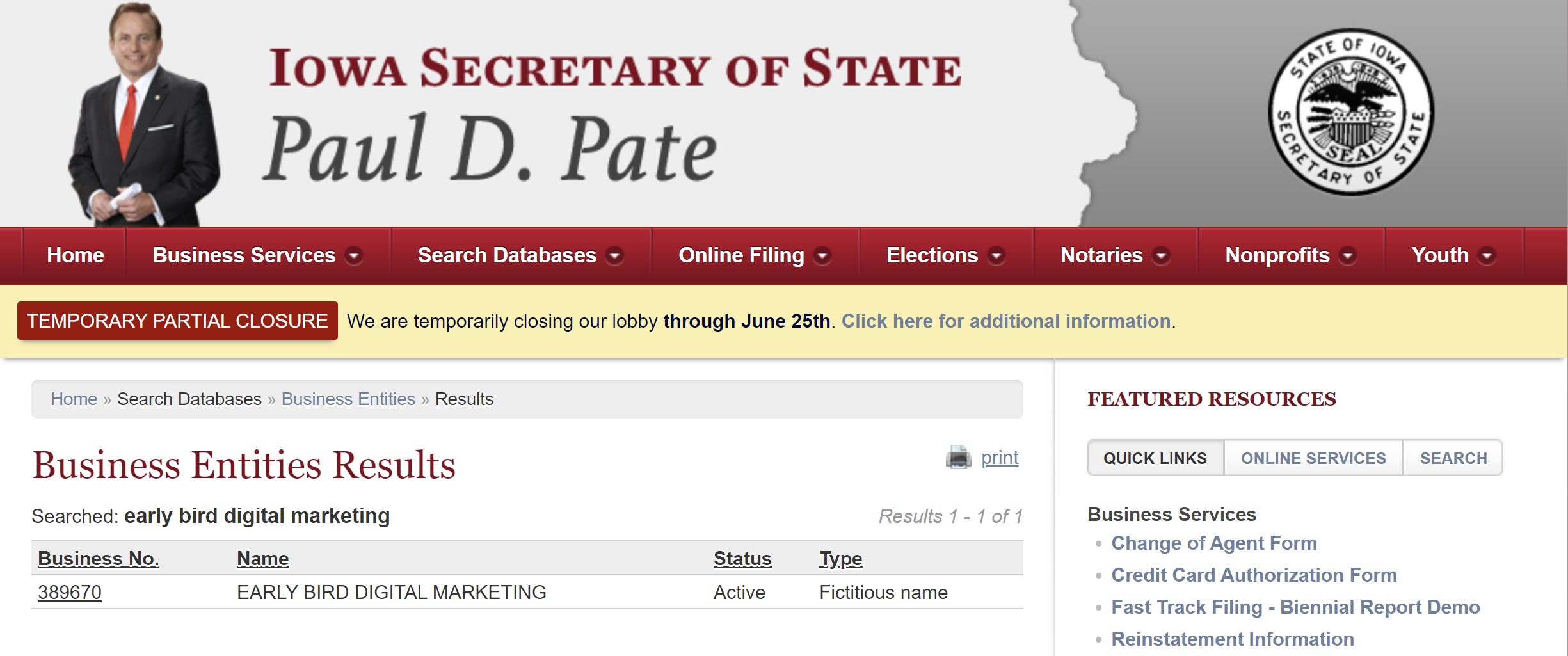 Business name search on Secretary of State