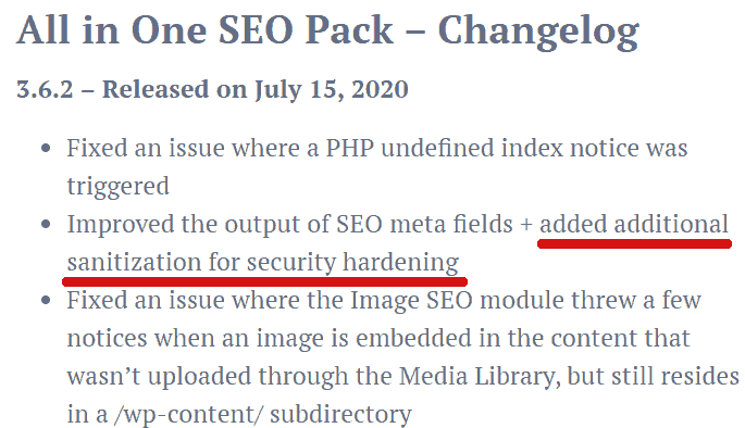 Screenshot of All in One SEO Pack Changelog