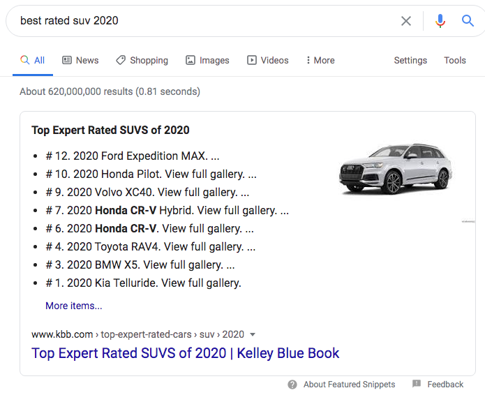 Best Rated SUV 2020 Google featured snippet
