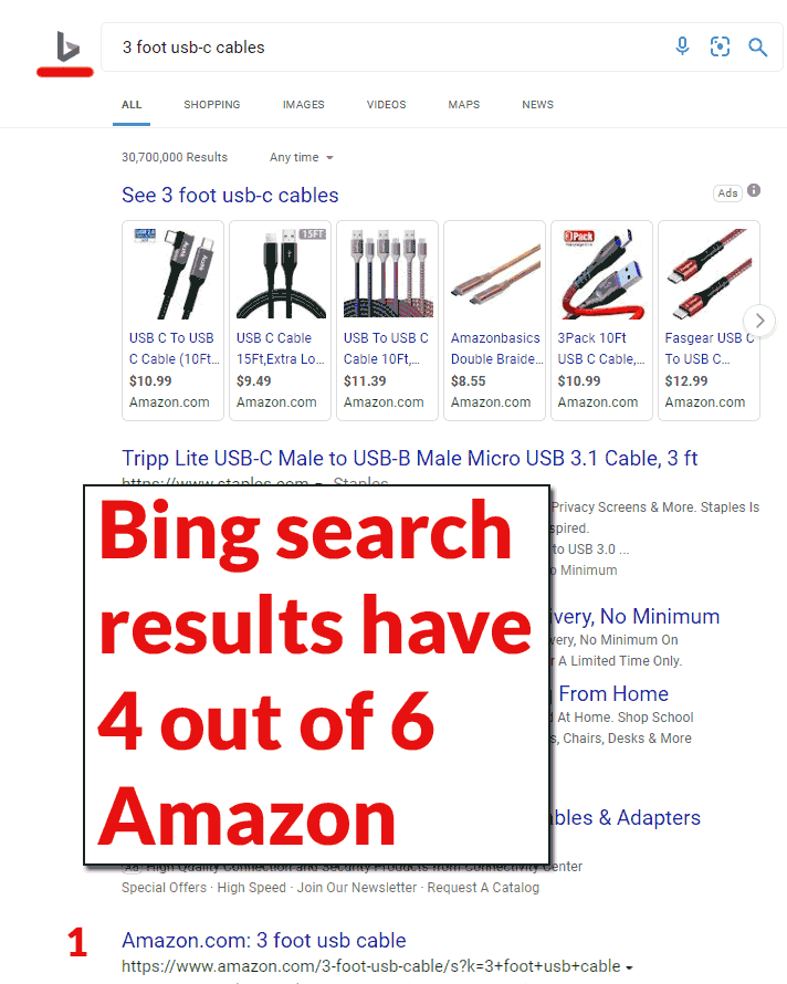 Screenshot of Bing search results showing Amazon dominating the results