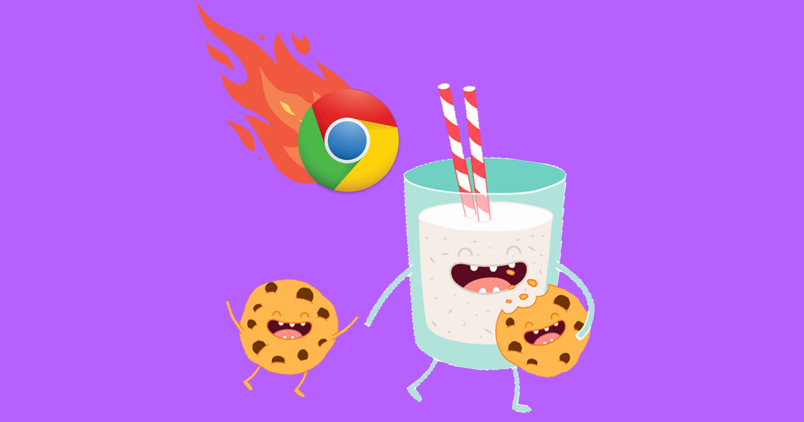 Chrome logo with flames coming down like a meteor at an anthropomorphized glass of milk and cookies walking along obliviously