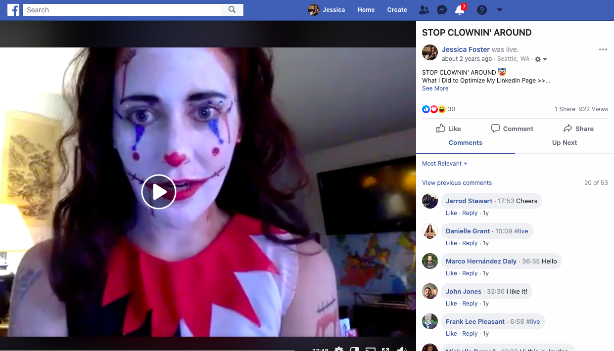 Jessica Foster clown Facebook Live