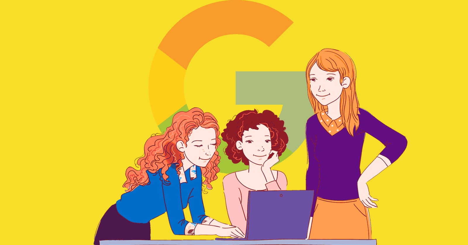Image of three young women looking at a laptop and Google's logo behind them.