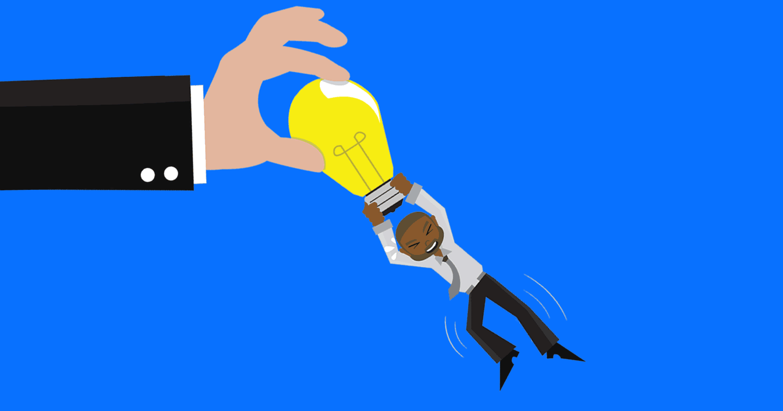 Image of a big hand trying to pluck away a light bulb from a man who is holding on tightly, a metaphor for publishers resisting plagiarists and content aggregators