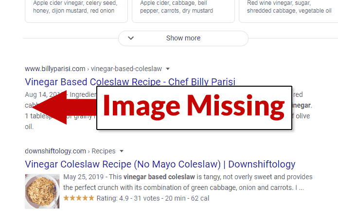 Screenshot of Google's SERPs showing missing images