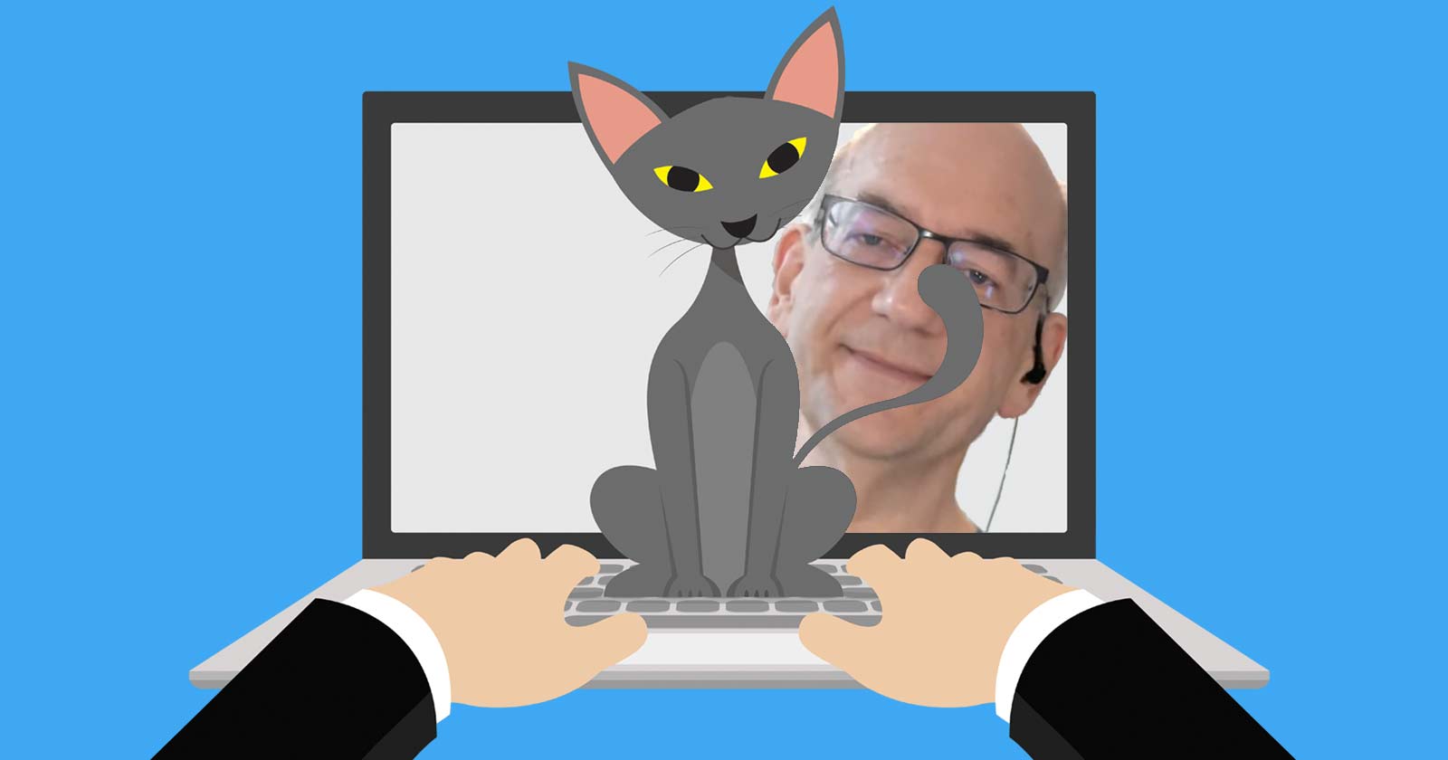 Image of a cat sitting on a laptop, obscuring the image Google's John Mueller that is peering from the laptop screen