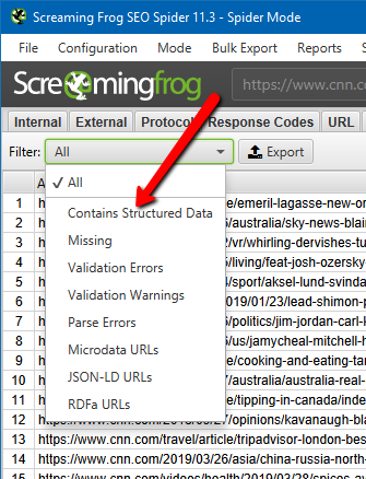 Screaming Frog - Contains structured data