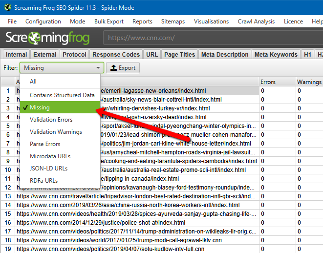 Screaming Frog - Missing Structured Data