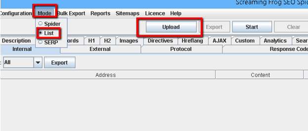 Screaming Frog - uploading the URL list