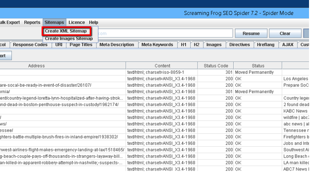 Screaming Frog - XML Sitemap