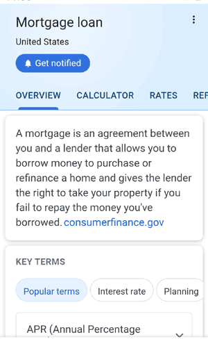 Screenshot of Google's mortgage information search tool