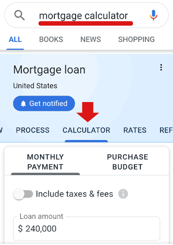 Screenshot of Google's new mortgage calculator