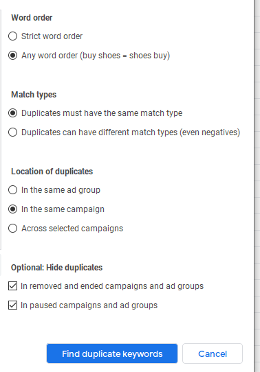 Find duplicate keywords