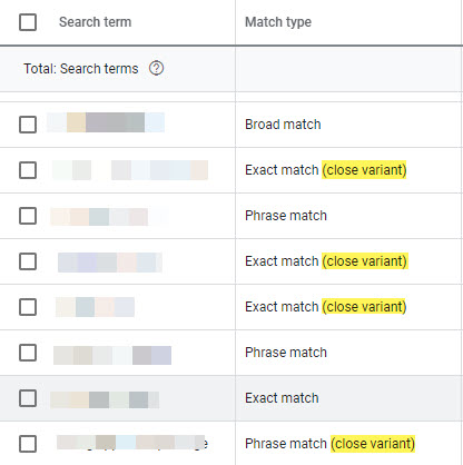 Match Type column