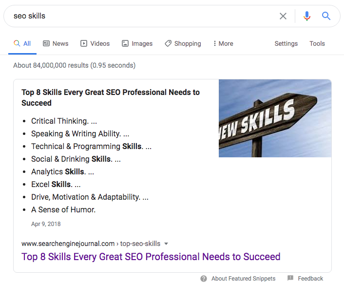 SEO skills Google featured snippet