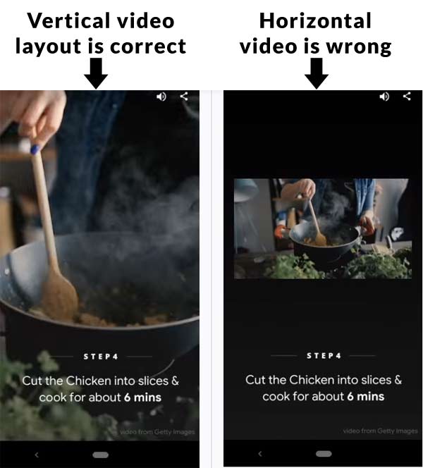 Screenshot of two videos, one correctly in portrait mode and one incorrectly displaying in horizontal mode