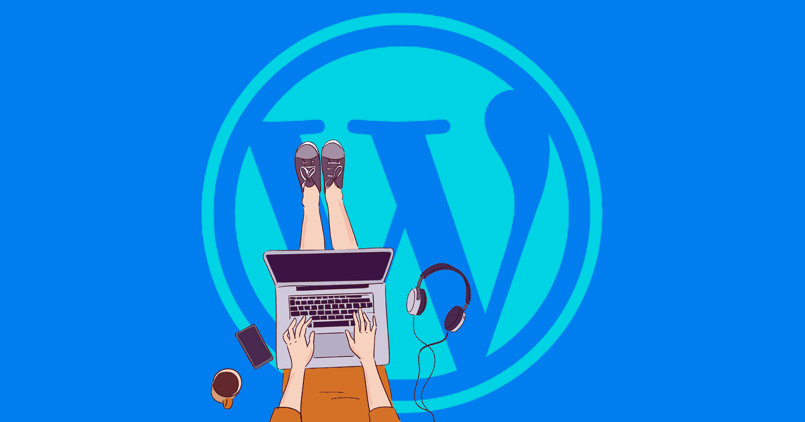 Top view image of a person working on a laptop sitting on top of the WordPress logo