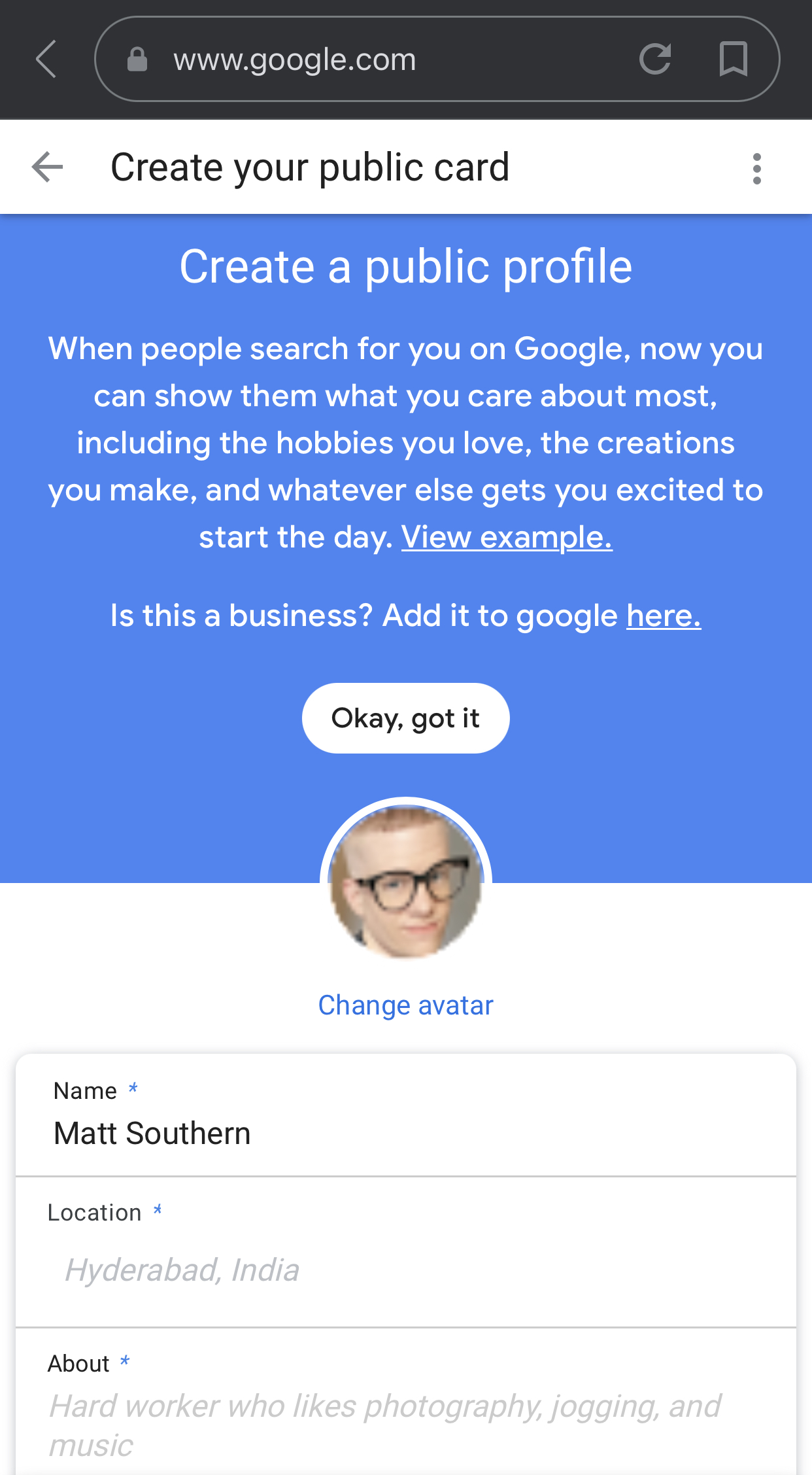 Step 2 of creating Google People Card.