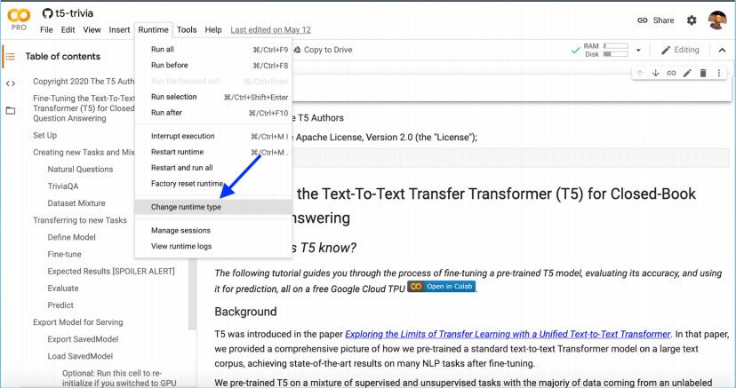 Change the Runtime Environment to Cloud TPU